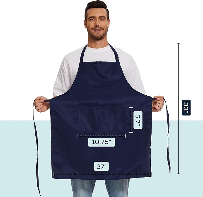 Will Well Kitchen Apron for Men and Women - 33" x 27" Oil-and-Water-Resistant with Adjustable Neck Strap and 38" Waist Ties for a Snug Fit, Lightweight with 2 Front Pockets - 2-Pack, Navy