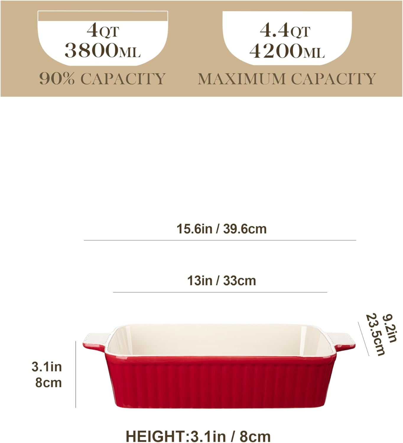 MALACASA 4.4 QT Baking Dish, 9x13 Large Casserole Dish for Oven, Ceramic Baking Pan, Rectangular Lasagna Pan Deep with Handles for Baking, Durable Microwave Oven Safe, Red, Series BAKE-BAKE