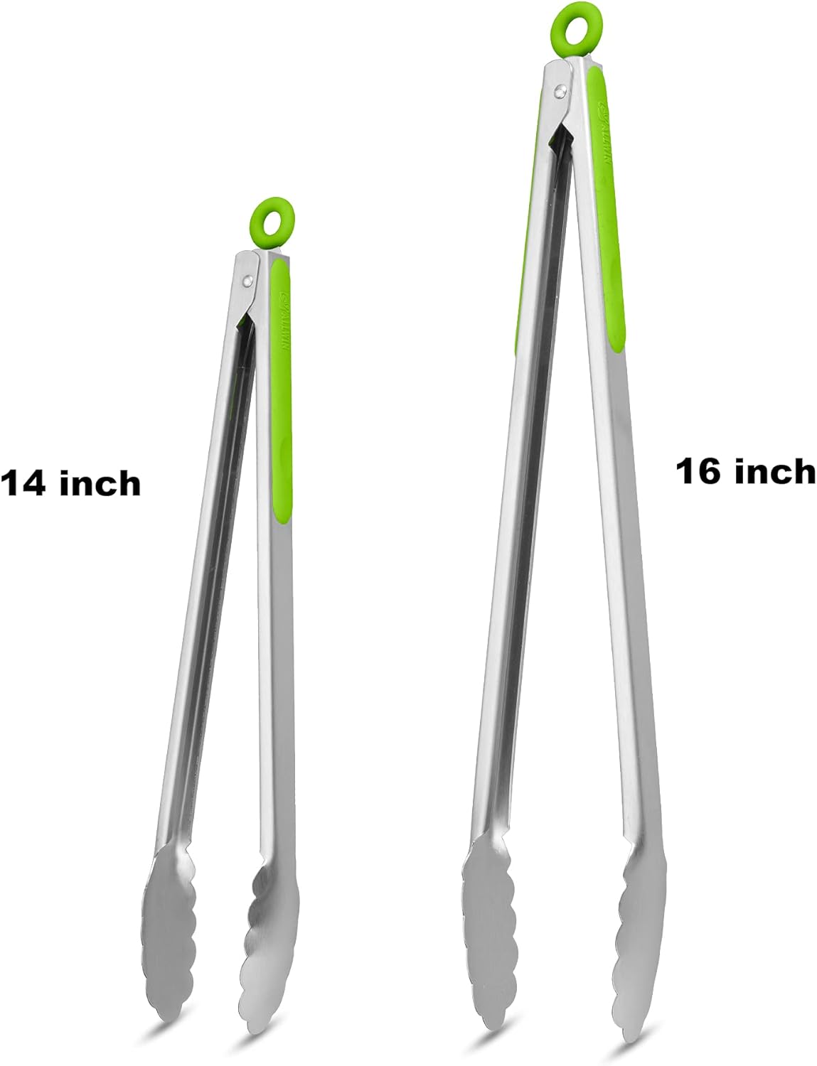 304 Stainless Steel Kitchen Cooking Tongs, 14" and 16" Set of 2 Sturdy Grilling Barbeque Brushed Locking Food Tongs with Ergonomic Grip, Green