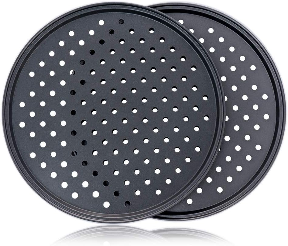 Pizza Pan With Holes, 2 Pack Carbon Steel Perforated Non-Stick Tray Tool Crispy 12inch Round for Home Kitchen