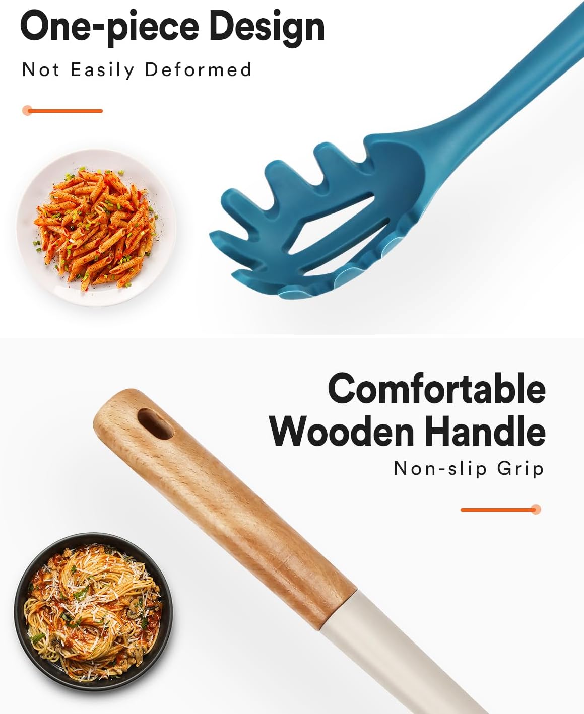 Silicone Pasta Fork, Kitchen Heat Resistant Noodle Spoon Server, BPA Free Spaghetti Strainer,12.8 inch (Khaki & Blue)