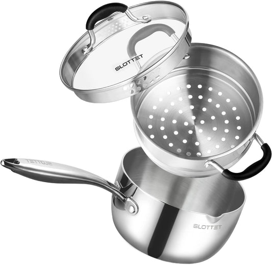 3.5 Quart Stainless Steel Saucepan with Steamer, Tri-Ply Full Body Small Multipurpose Pot with Pour Spout,Strainer Glass Lid, 3 Qt Sauce Pan for Cooking with Stay-cool Handle.