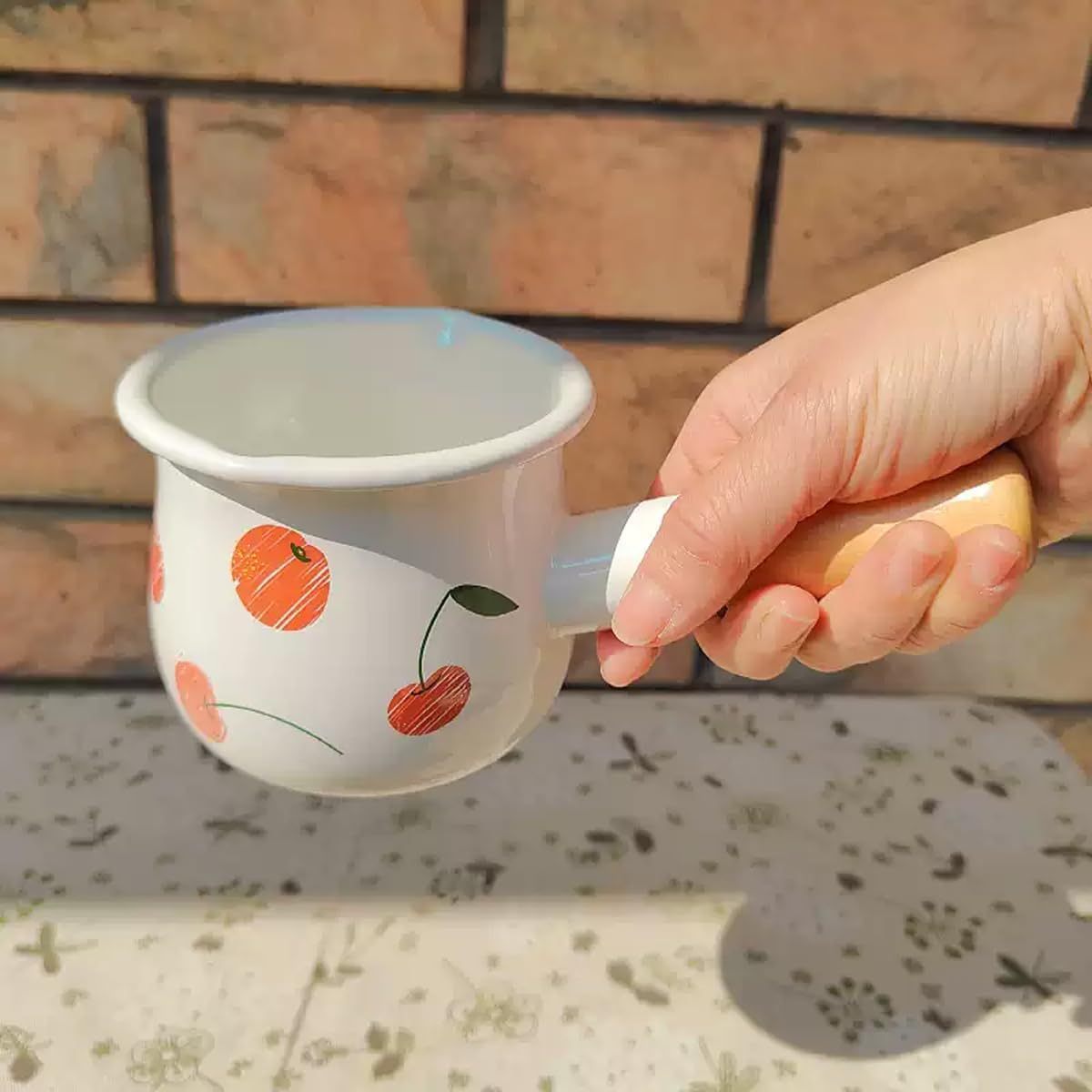 Enamel Milk Pot, Small Saucepan Butter Warmer 4 Inch 17 Oz with Wooden Handle for Heating Smaller Liquid Portions