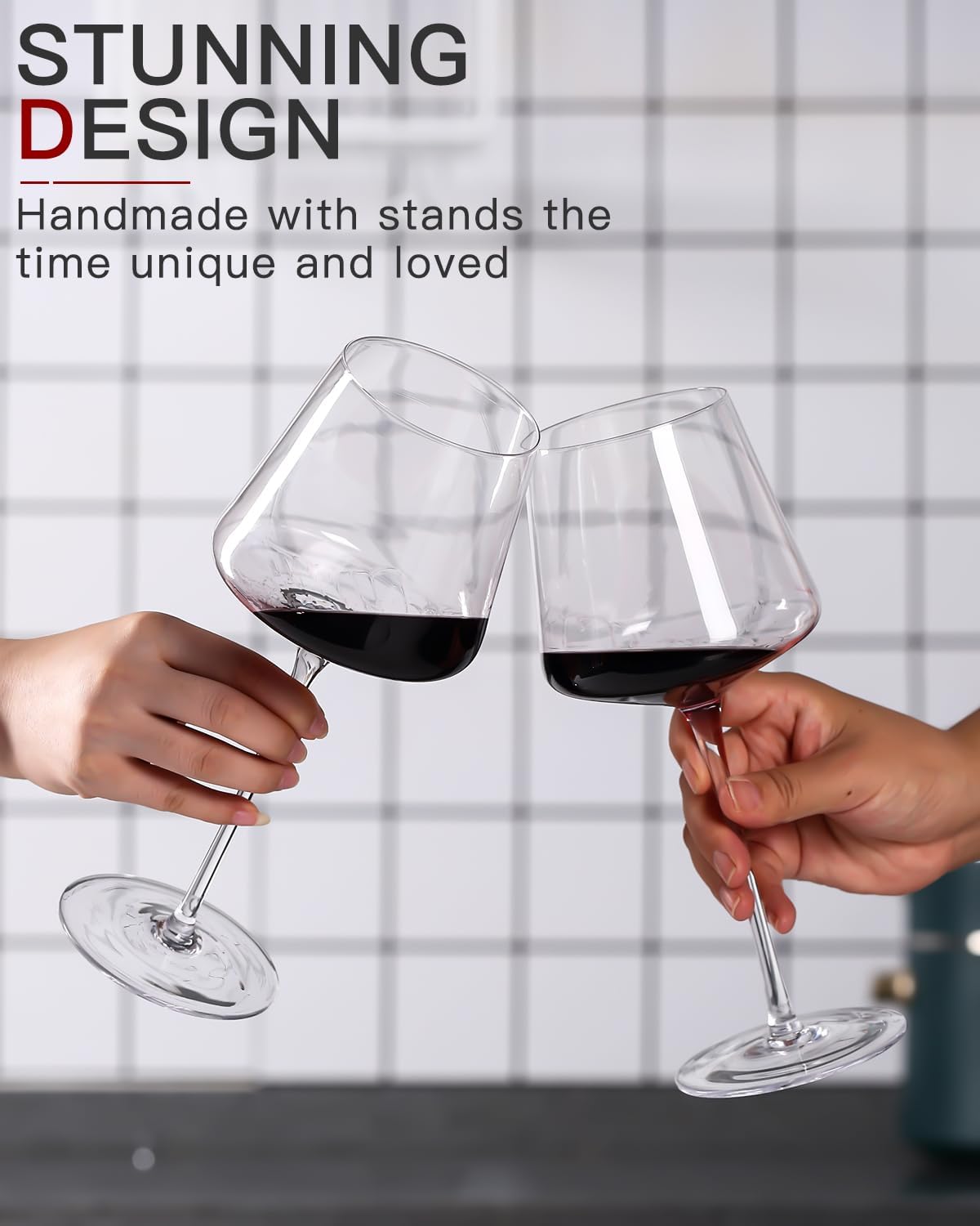 White Red Wine Glasses Set of 6 – 18oz Clear【Hand Blown】 Crystal Wine Glass – Tall Long Stem Modern Wine Glasses – Square Wine Glass with flat bottom – Unique gifts for Wedding,Brithday,anniversary