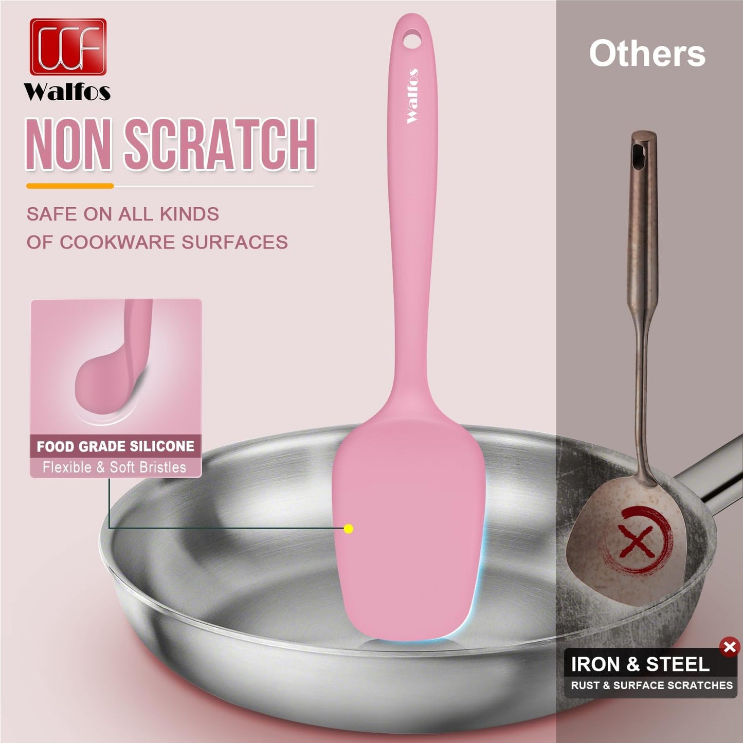 Walfos Silicone Spatula Set of 5 - (600°F) High Heat Resistant Kitchen Scraper Spatulas, One-Pieces Seamless Design, Perfect for Cooking Mixing & Baking - BPA Free and Dishwasher Safe（Pink）