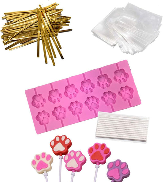 12 Capacity Cat Paw Silicone Lollipop Mold Set, Sucker Molds and Chocolate Hard Candy Mold with 50pcs Lollipop Sucker Sticks, Candy Treat Bags, Gold Ties. (Cat Paw Pink)