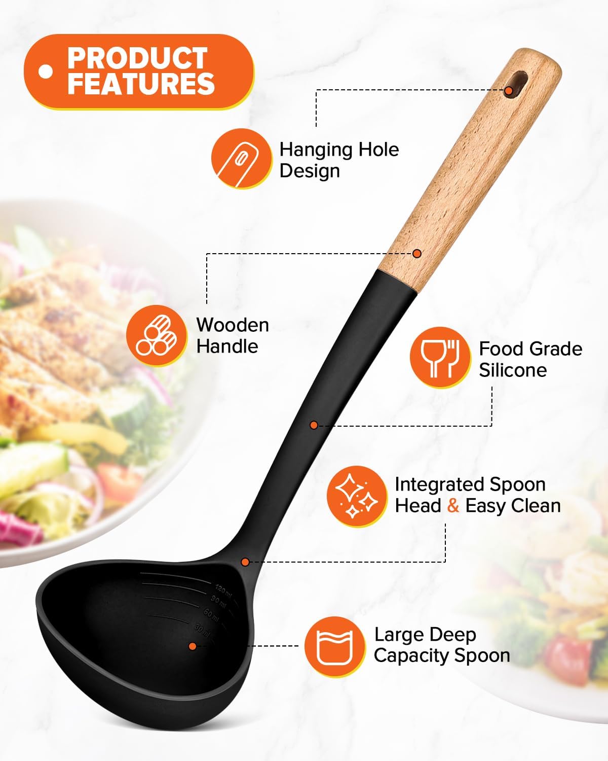 Pasta Fork and Ladle Set, Perfect for Serving Hot Soup, Stirring, and Sauce Pasta, BPA-Free Matte Silicone, Wood Handle Spaghetti Spoon for Nonstick Cooking Surfaces (Black)