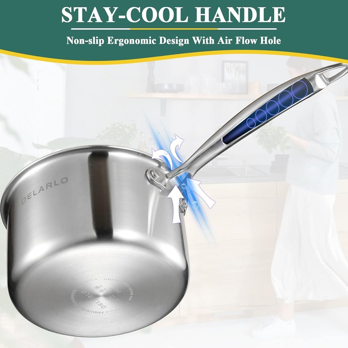 DELARLO Stainless Steel Small Brushed Saucepan With Lid, Induction Cooking Sauce Pot Pans, 18/8 Tri-Ply Heavy Bottom Saucier Cookware, Dishwasher Safe & Oven Safe(2 Quart)