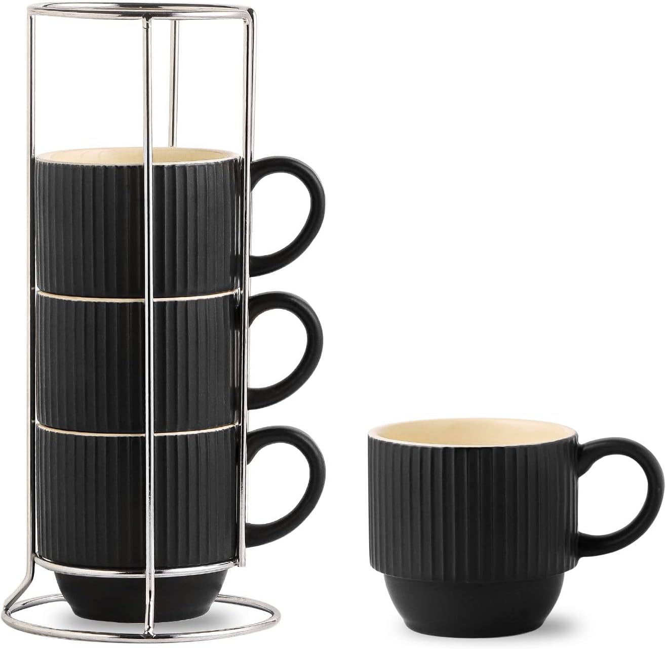 Hasense Black Coffee Mug Porcelain Set of 4 with Rack - 12 oz Stackable Coffee Cups Ceramic, Modern Ribbed Latte Cup Sets for Cappuccino, Tea, Espresso, Hot Cocoa, Drinks - Dishwasher & Microwave Safe