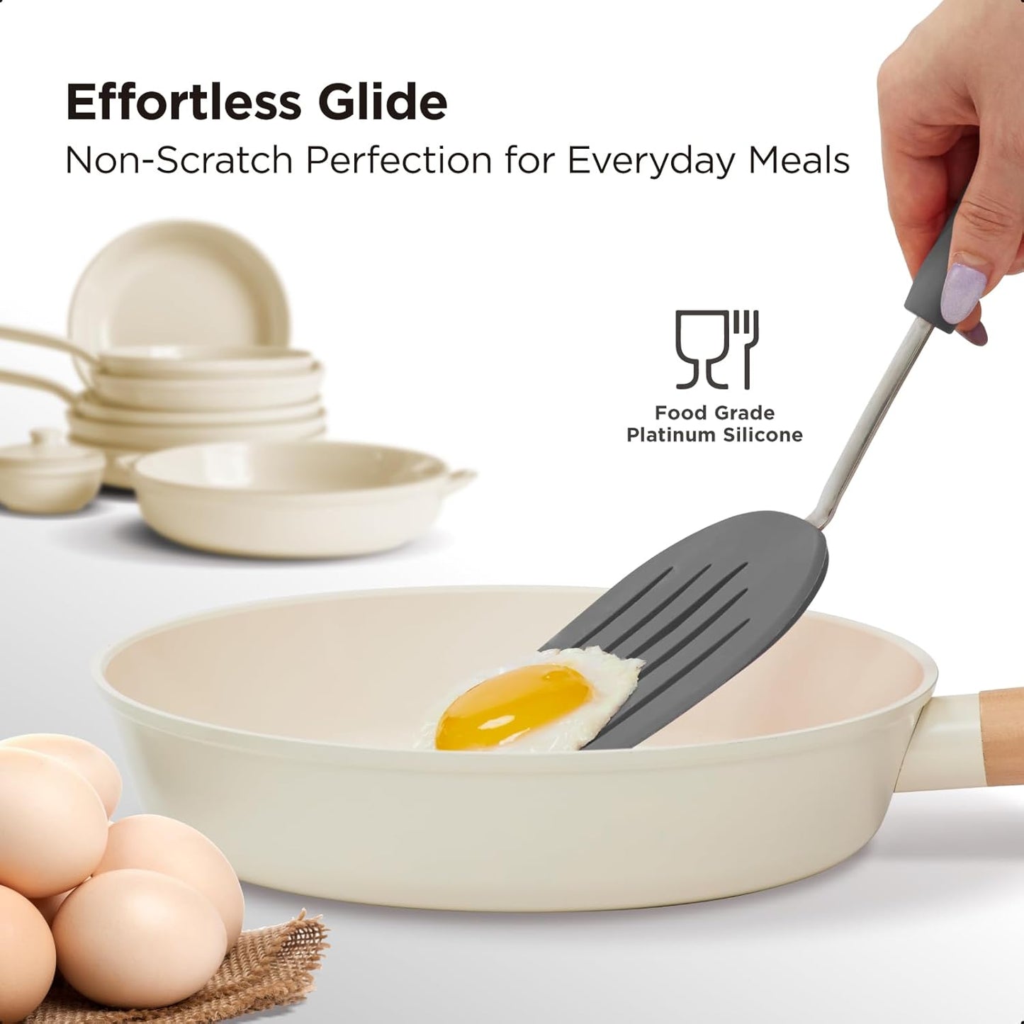 Kitchen Mama WaltzGrip Platinum Silicone Pancake Spatula Turner: Heat Resistant Flexible, Stainless Steel Core, Nonstick, Dishwasher Safe, Flipper – Ideal Kitchen Cookware Egg, Fish, Meat (Metal Gray)
