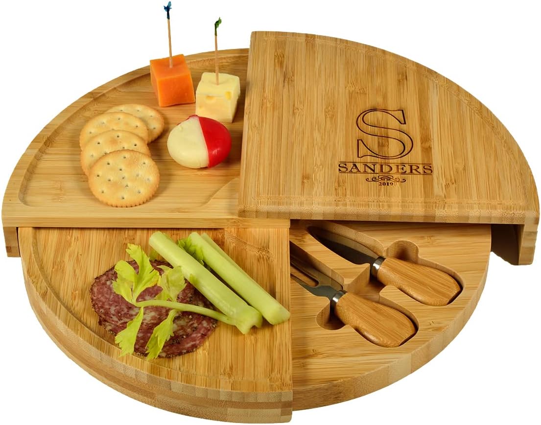 Picnic at Ascot Custom Personalized Engraved Bamboo Cheese/Charcuterie Board - US Patented Designed enables All in One Storage
