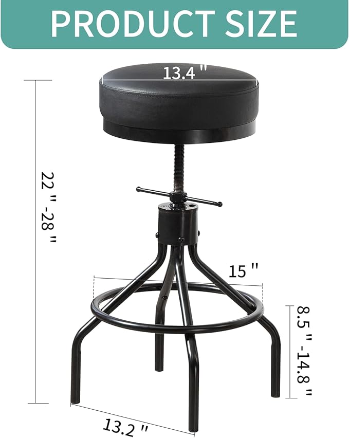 Counter Height Bar Stools Set of 2 Adjustable Swivel Barstools Modern PU Leather 28inch Round Backless Metal Industrial Stool Bar Chair for Kitchen Island (2, Black)
