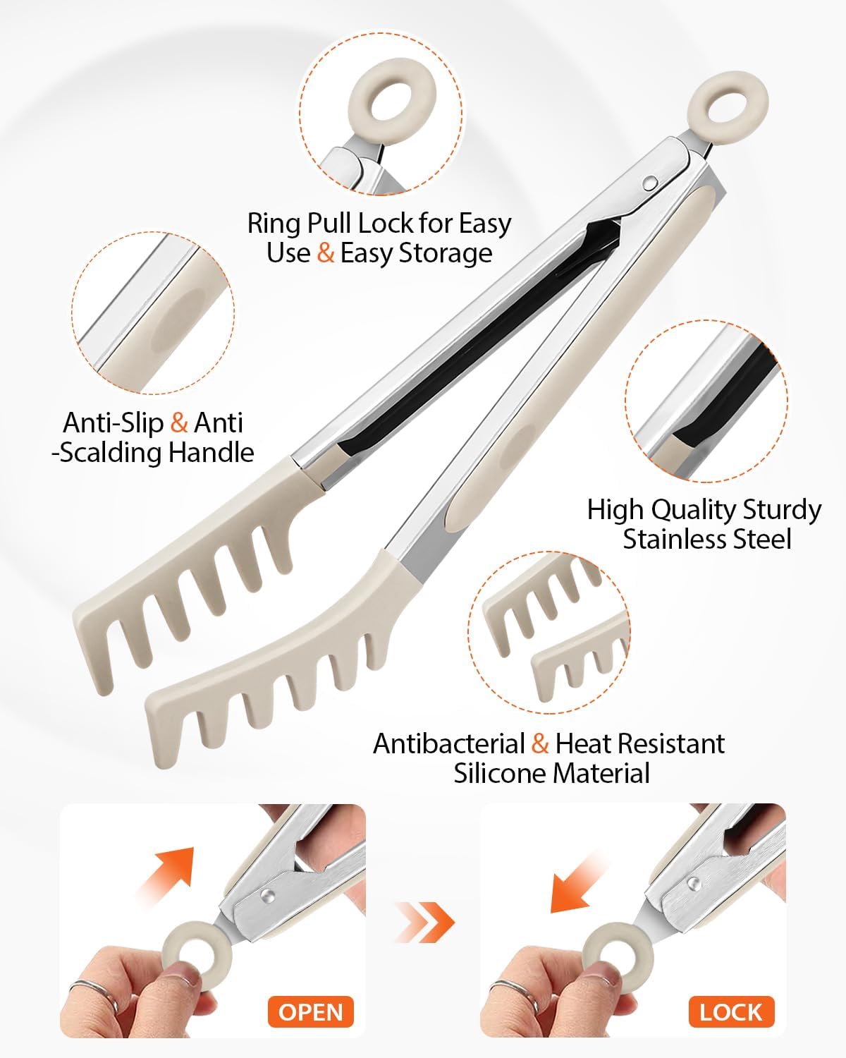 Silicone Spaghetti Spoon & Pasta Tong With Pasta Measurer, 3 Pack of Non-Stick Stainless Steel Handle Pasta Fork Set with Teeth, Food Clip for Easy Serving of Noodles (KHAKI)