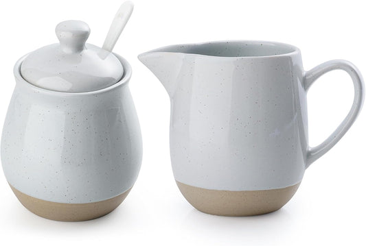 famiware Milkyway Ceramic Sugar and Creamer Set, 10oz Sugar Bowl & 13oz Creamer Set – Stoneware Milk Pitcher & Sugar Dispenser for Coffee Bar, Kitchen, or Countertop, Coffee Serving Set, Light Gray