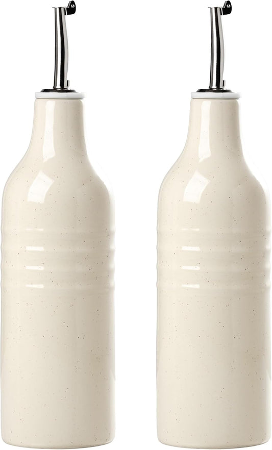 famiware Jupiter 16oz Ceramic Olive Oil Dispenser Bottle, Olive Oil and Vinegar Dispenser Bottle Set of 2 with Stainless Steel Pourers, Suitable for Storage Vinegar, Liquids, Vanilla White