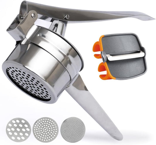 Potato Ricer with Stainless Steel Potato Peeler and 3 Interchangeable Discs | 15 oz Stainless Steel Potato Masher, Kitchen Gadget for Potatoes, Potato Ricer Kitchen Tool by Savver