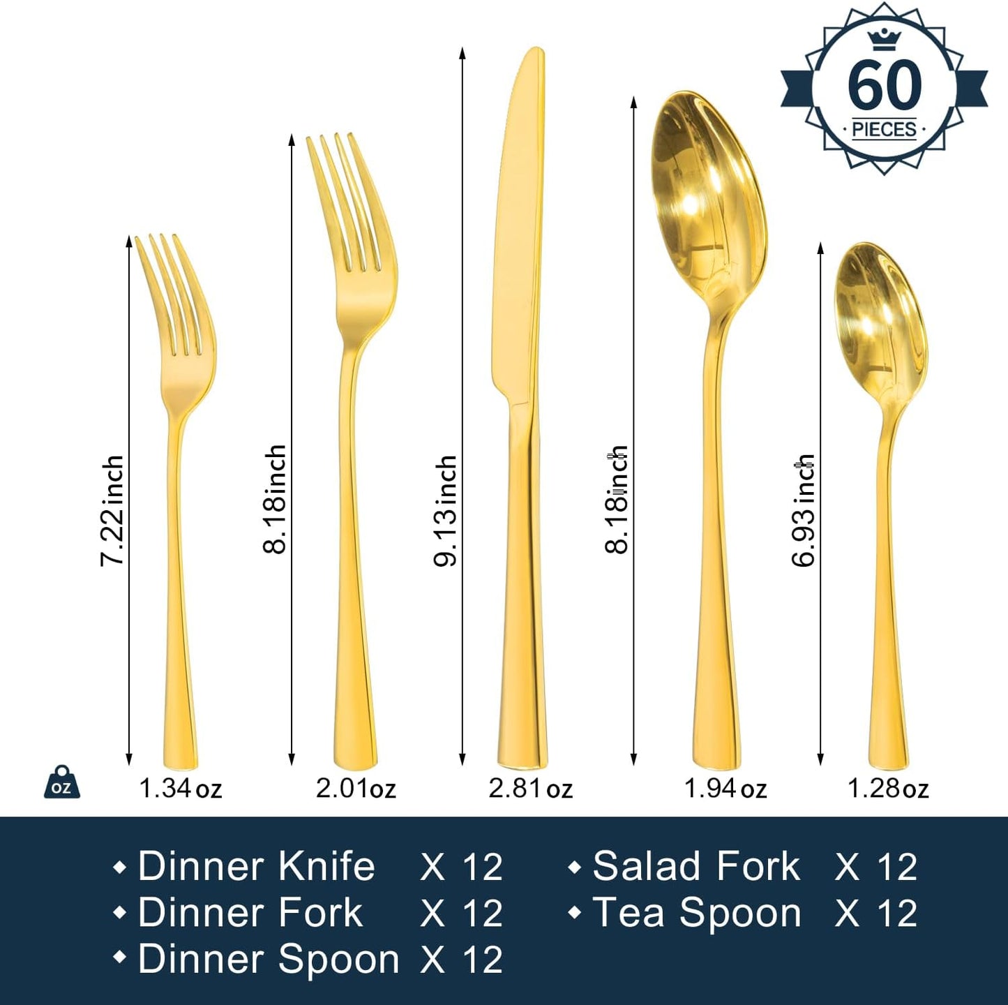 KINGSTONE Silverware Set for 12, 60-Piece Forged 18/10 Stainless Steel Flatware Set, Mirror Finish Cutlery Set Dishwasher Safe for Home, Restaurant, Wedding, Party, Gold