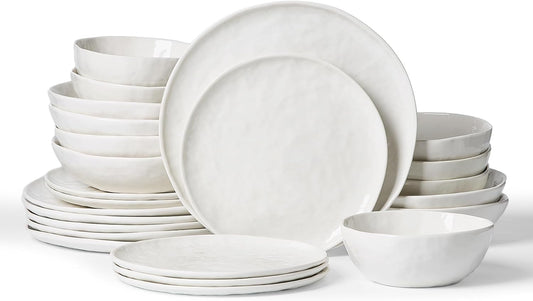 Famiware Porcelain kitchen plates and bowls set, Modern dishes set for 6, Handmade Wave Edge Dinnerware Sets, Microwave and Dishwasher Safe Tableware, Polar White (24pc)