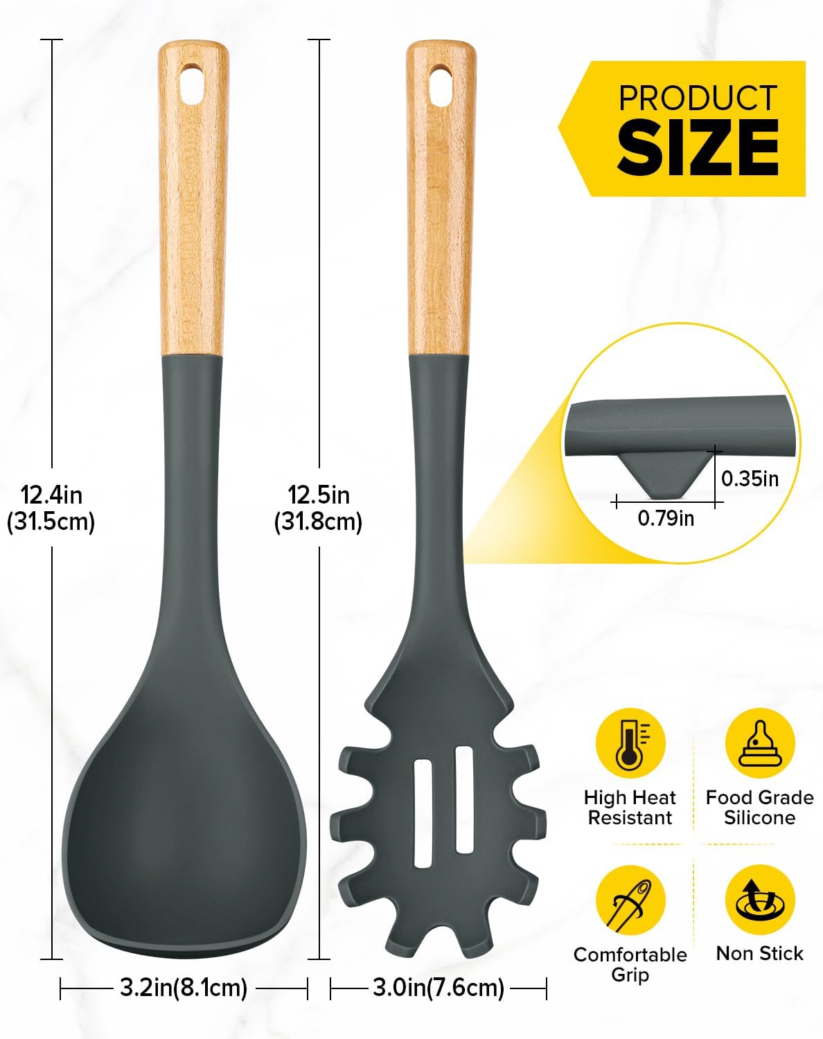 Silicone Soup Ladle and Spaghetti Spoon Set with Wooden Handle, Non Stick Heat Resistant Kitchen Utensils for Cooking, Stirring, Serving Pasta, Soup & Sauce(GRAY)
