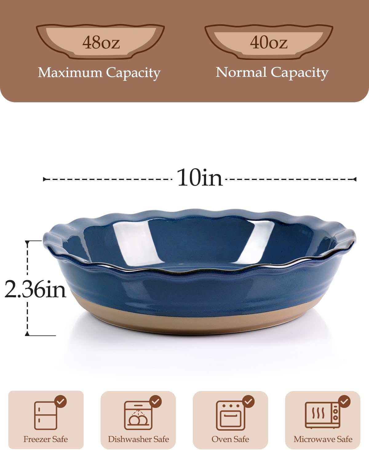 NUTRIUPS 10 Inch Pie Baking Dish, Round Baking Pie Dish for Kitchen, Pie Plate for Baking Oven Safe (Blue)