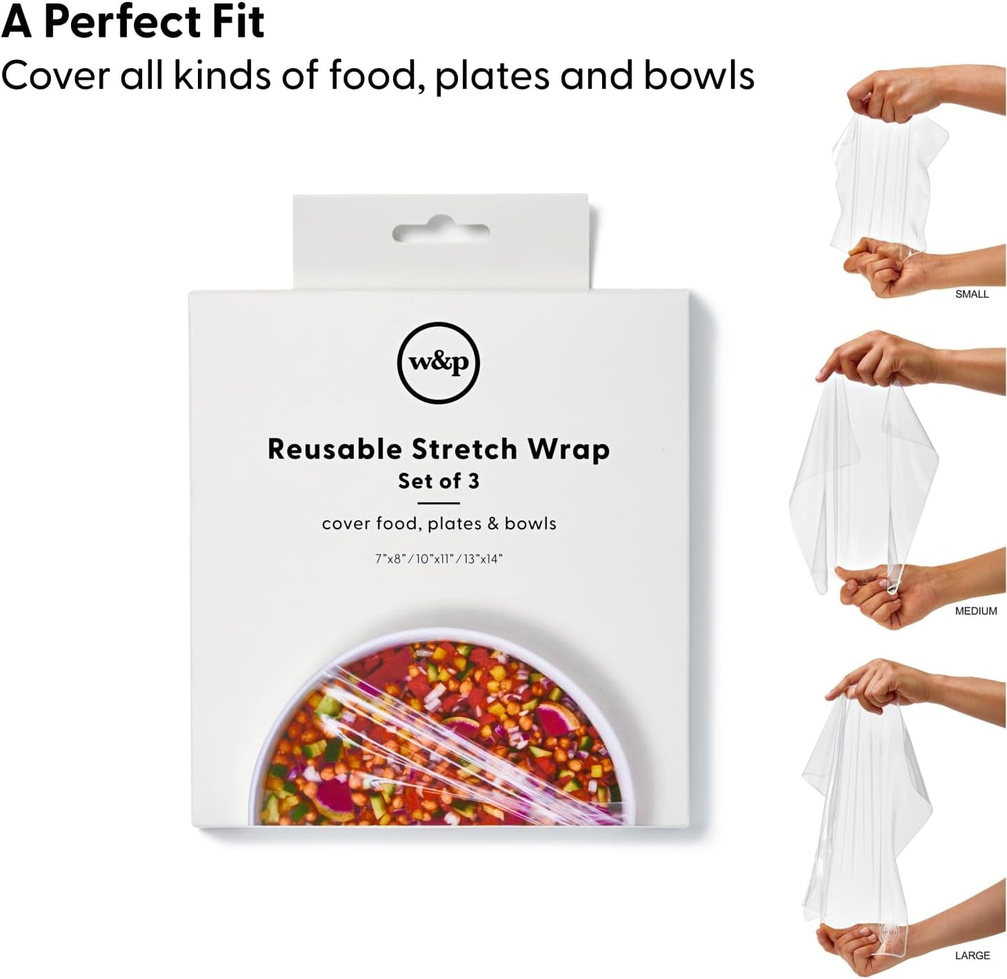 W&P Reusable Silicone Stretch Wrap, 1 Box with 3 Wraps (7x8, 10x11, 13x14), Oven, Dishwasher, Microwave & Freezer Safe, BPA Free