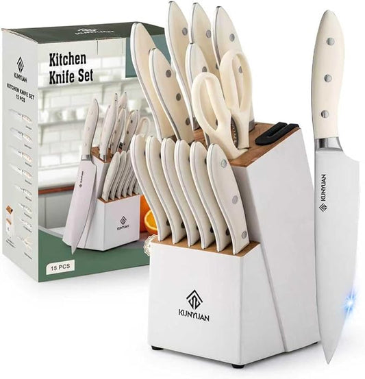 KUNYUAN Kitchen Knife Set, 15-Piece Knife Set with Self-Sharpening Block, Dishwasher Safe, 6 Steak Knives, Anti-Slip Handle, White