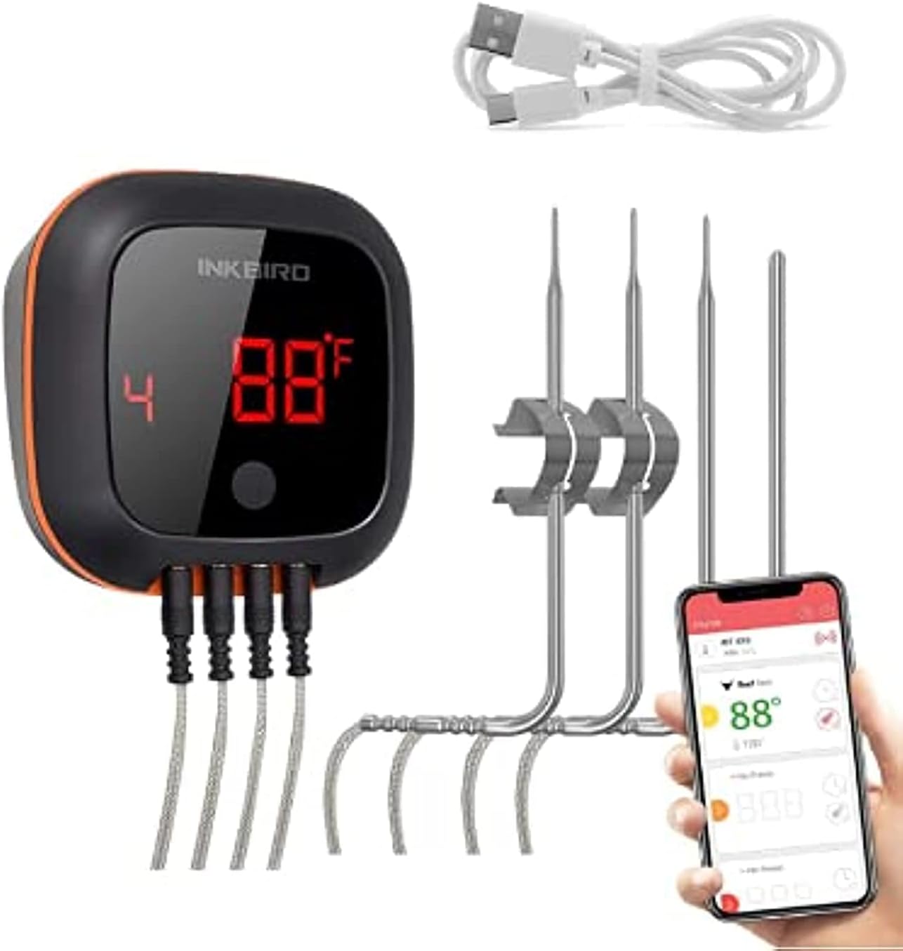 Inkbird Bluetooth Digital Wireless Meat Thermometer with 4 Probes Timer, Alarm,150 ft Barbecue Cooking Kitchen Food Meat Thermometer for Grill BBQ Smoker, Oven, Drum