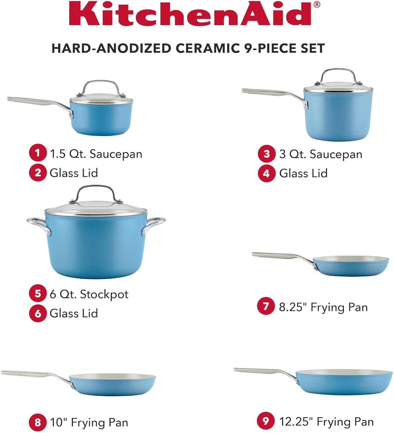 KitchenAid Hard Anodized Ceramic 9-Piece Nonstick Cookware Set – Includes Fry Pans, Saucepan, Stockpot, Durable, Even Heating, Oven Safe to 500°F, Blue Velvet