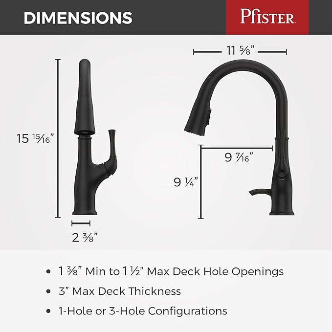Pfister Alderwood Kitchen Faucet with Pull Down Sprayer and Soap Dispenser, Single Handle, NSF Certified, Matte Black Finish, F5297AWB