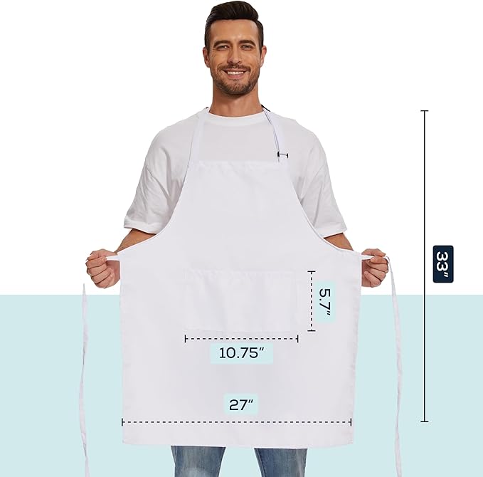 Will Well Kitchen Apron for Men and Women - 33" x 27" Oil-and-Water-Resistant with Adjustable Neck Strap and 38" Waist Ties for a Snug Fit, Lightweight with 2 Front Pockets - 2-Pack, White