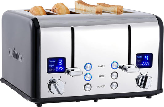 CUSIMAX 4 Slice Toaster, Stainless Steel, Ultra-Clear LED Display & Extra Wide Slots, with Dual Control Panels of 6 Shade Settings, Cancel/Bagel/Defrost Function, Removable Crumb Trays, Black