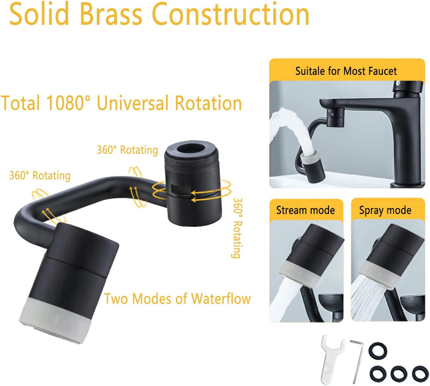 LikeHome 2 Packs Matte Black Rotating Faucet Extender Aerator, Solid Brass, Chrome Finish, Dual-Function 2-Flow Sprayer, 1080 Swivel, Easy to Install, WaterSense, NSF 61