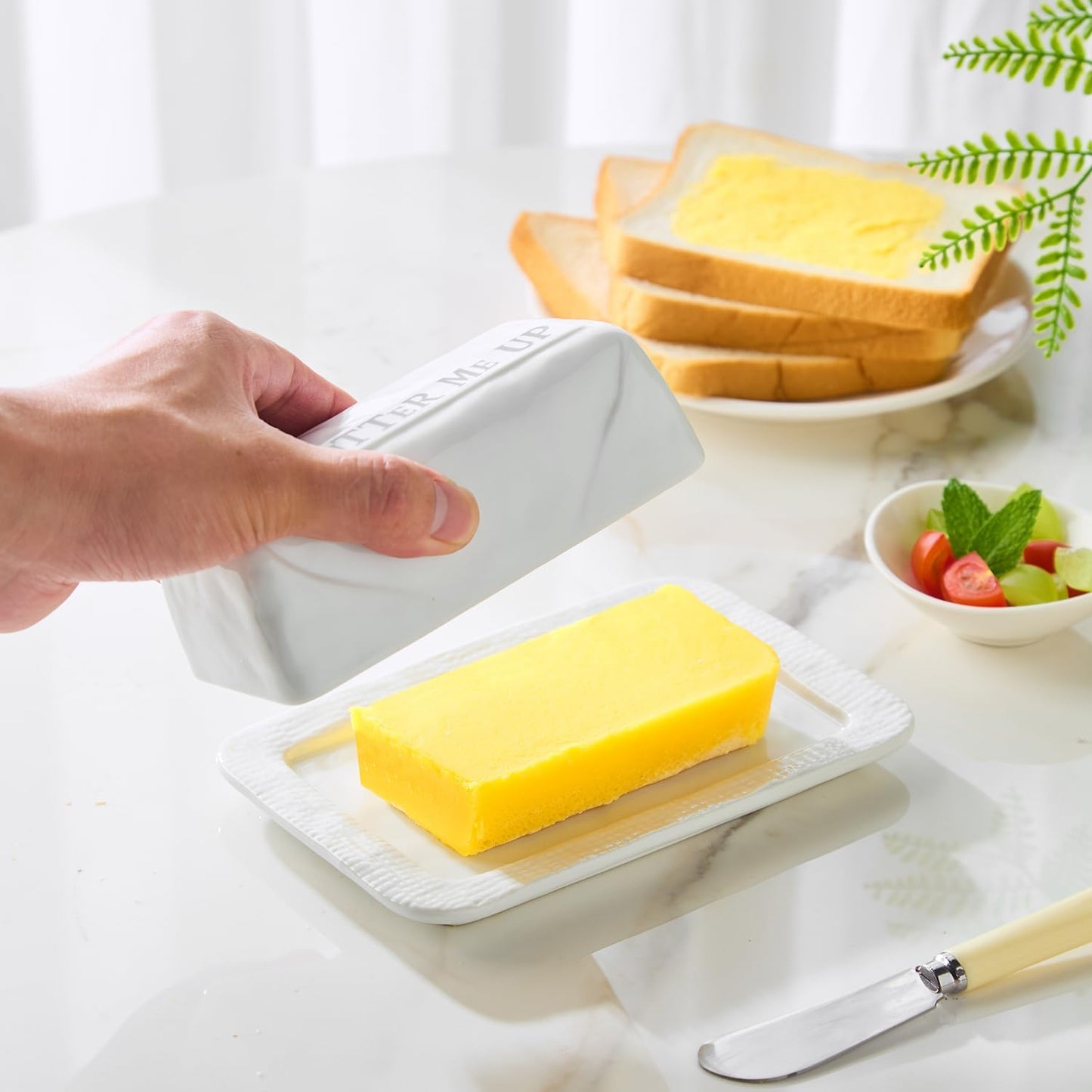 Butter Dish with Lid for Countertop, 7.2" x 4.7" Ceramic Butter Keeper Container, White Butter Holder Tray for East West Coast Butter Stick, Microwave & Dishwasher Safe