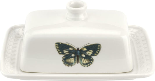 Portmeirion Botanic Garden Harmony Covered Butter Dish, 7.5 Inch - Porcelain Butter Keeper with Butterfly Motif - Dishwasher, Microwave, Freezer, Oven Safe - Vintage Inspired Kitchenware