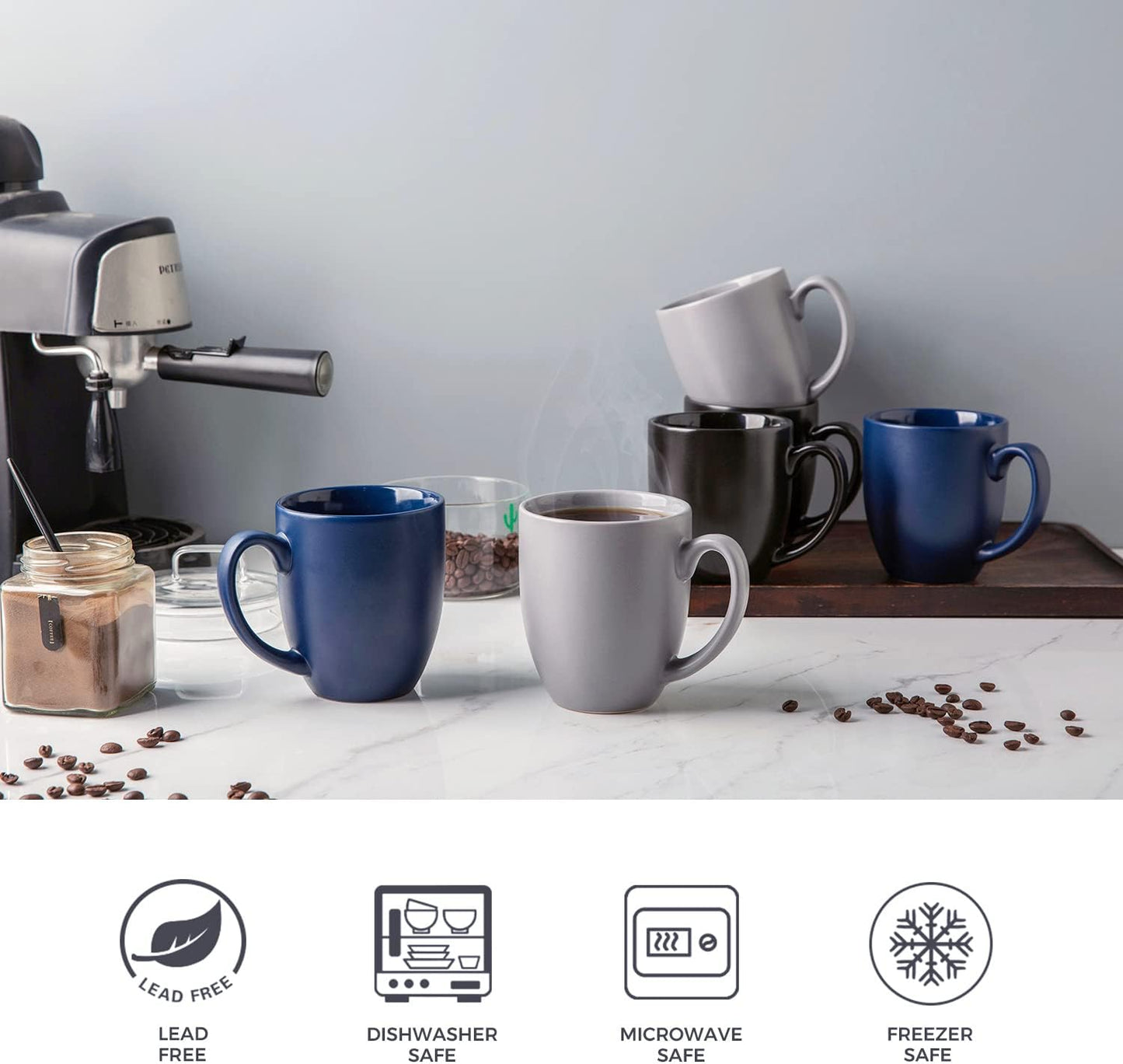 AmorArc 16oz Coffee Mugs Set of 6, Large Ceramic Coffee Mugs for Men, Women, Dad, Mom, Modern Coffee Mugs With Handle For Tea,Latte,Cappuccino,Cocoa. Dishwasher&Microwave Safe, Matte Blue