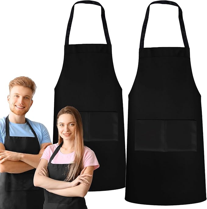 GREEN LIFESTYLE 2 Pack Chef Apron with Pockets – Grilling Aprons for Men, Waterproof Cooking Apron for BBQ, Work or Restaurant Use, Kitchen Aprons for Women with Pockets – Black