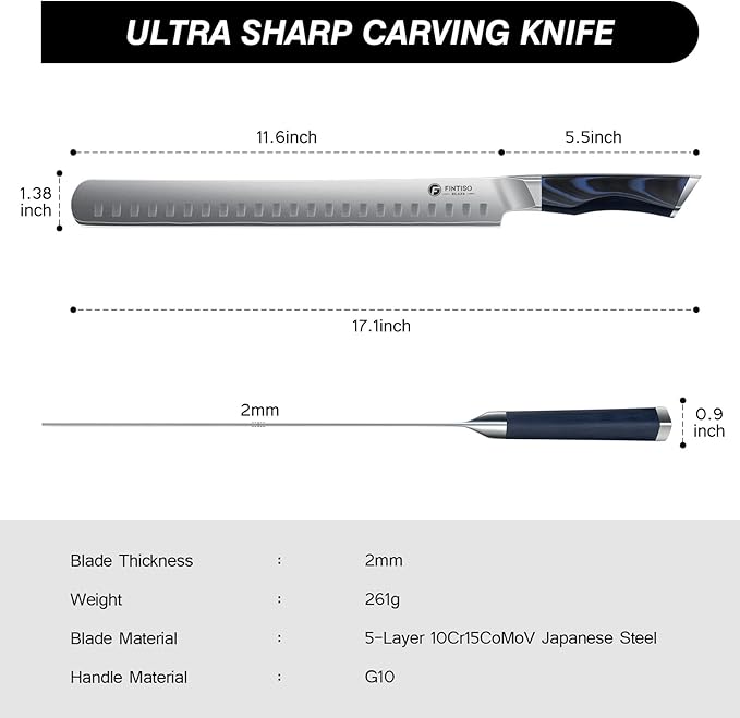 Brisket Slicing Knife, 11.6 Inch Carving Knife, Japanese High Carbon Steel Slicing Knives with G10 Handle, Full Tang Ultra Sharp Meat Cleaver for BBQ, Turkey, Roast, Brisket