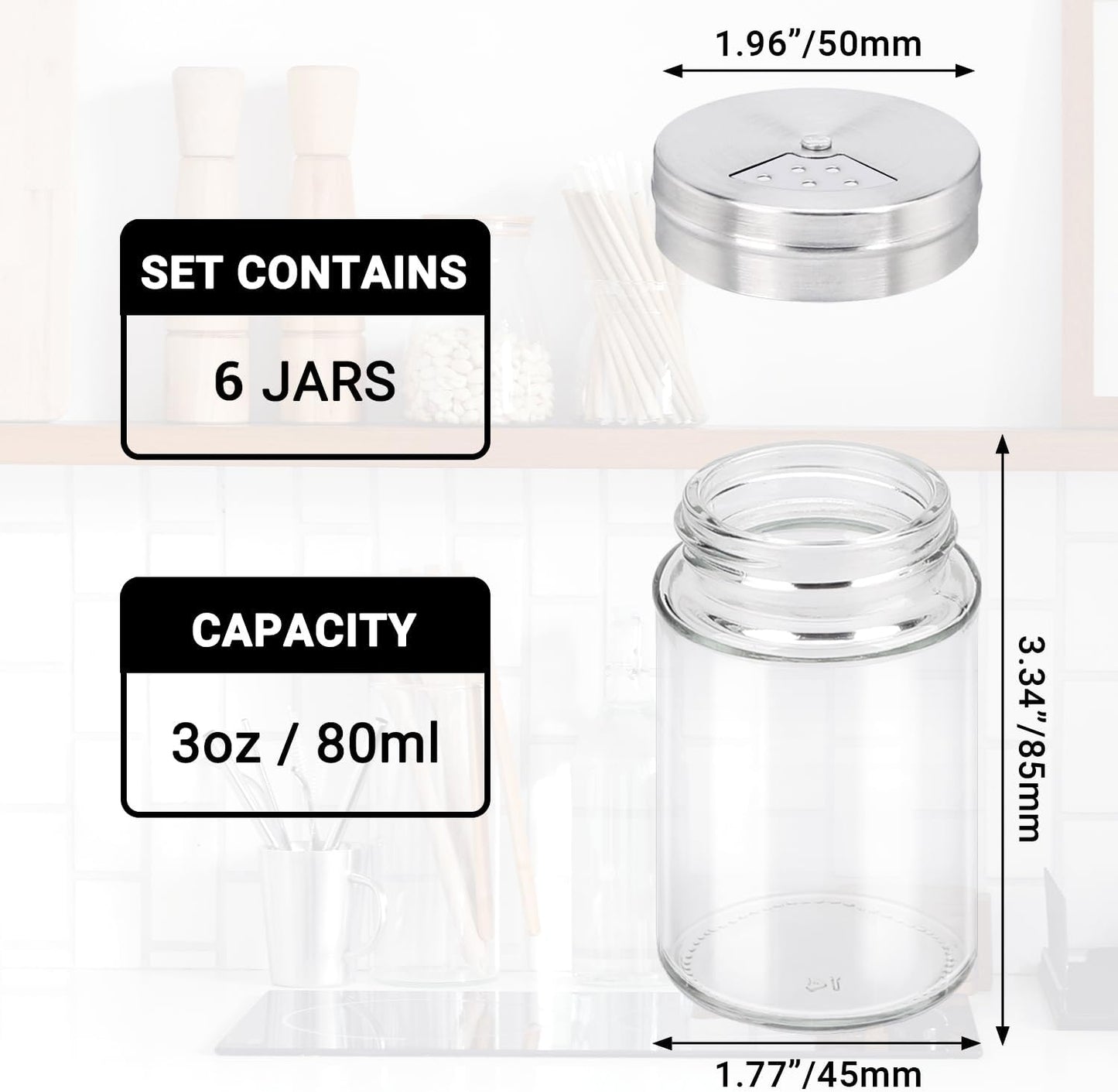 Segarty Spice Jars, 6 Pack 3 oz Spice Bottles with Shaker Lids, Glass Empty Storage Containers with Adjustable Stainless Steel Flow Top for Your Regularly Used Spices