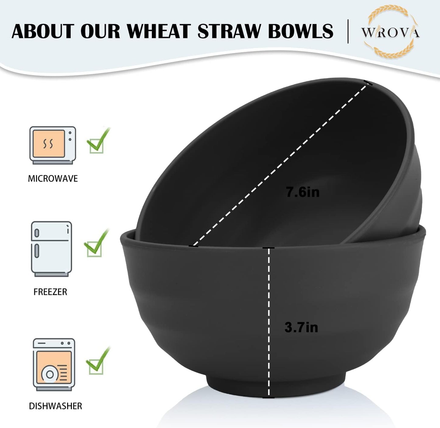 Wheat Straw Bowls Set 60 OZ Unbreakable Large Cereal Bowls Set of 6 Microwave and Dishwasher Safe Bowls Big Bowls for Camping and Picnic BPA Free Soup Bowl for Serving Oatmeal and Salad. Black