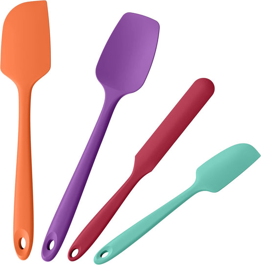 4-Piece Silicone Spatula Scrapers: Doosu 600°F Heat Resistant Food Grade Kitchen BPA Free Rubber Baking Cooking Tool Nonstick Utensil Set for Mixing, Scraping, Folding, Stirring, Serving (Multi-5)