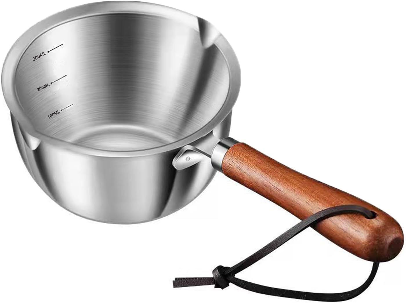 Butter Warmer Pot, Stainless Steel Milk Warmer with Wooden Handle for Seafood, Mini Butter Melting Pot Small Saucepan with Dual Pour Spouts for Stove Top Cooking (300ml)