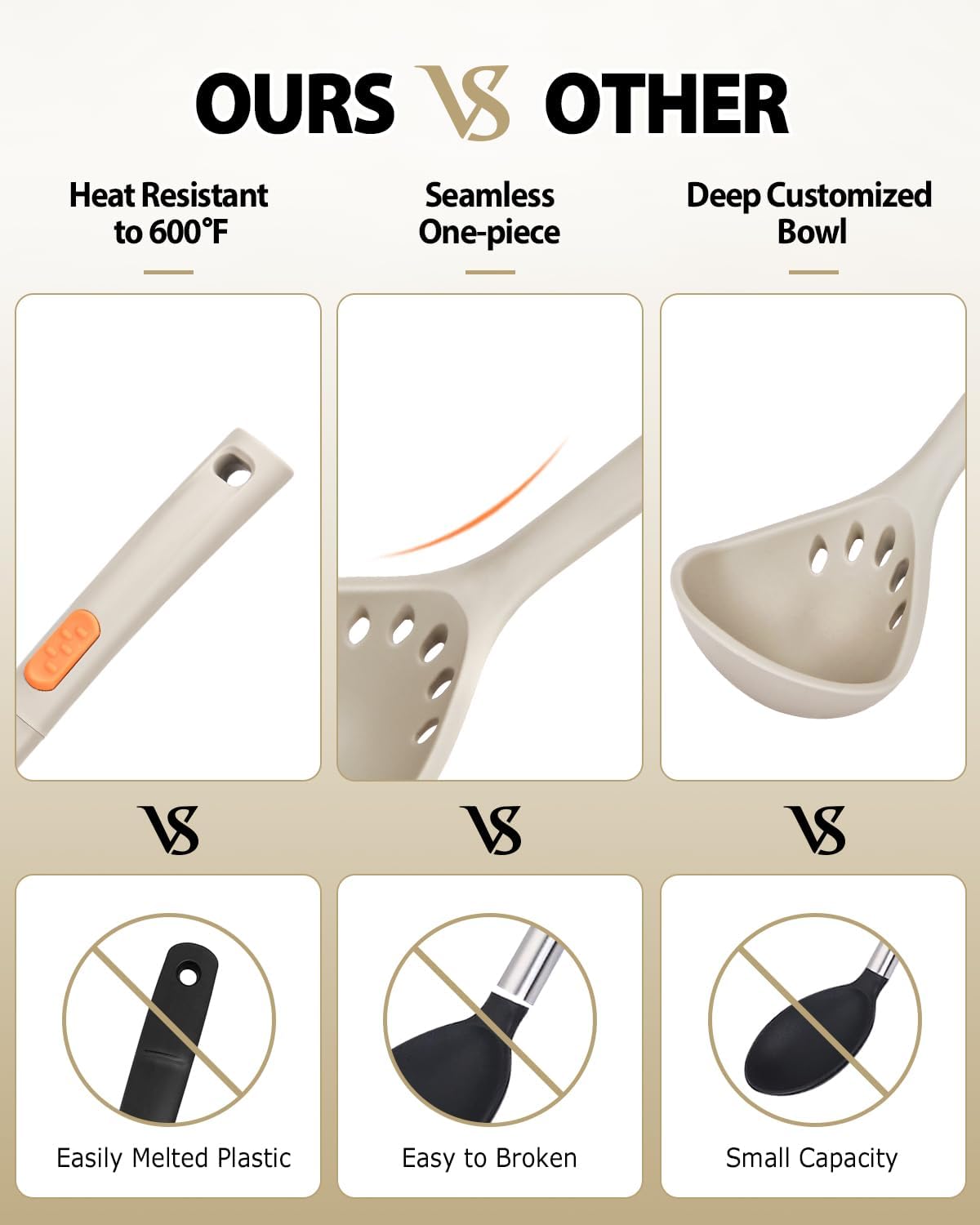 Silicone Pasta Fork and Ladle Spoon Set, Large Non Stick Kitchen Utensils for Cooking,Stirring,One Piece Serving Spaghetti, Soup, Sauce (KHAKI)