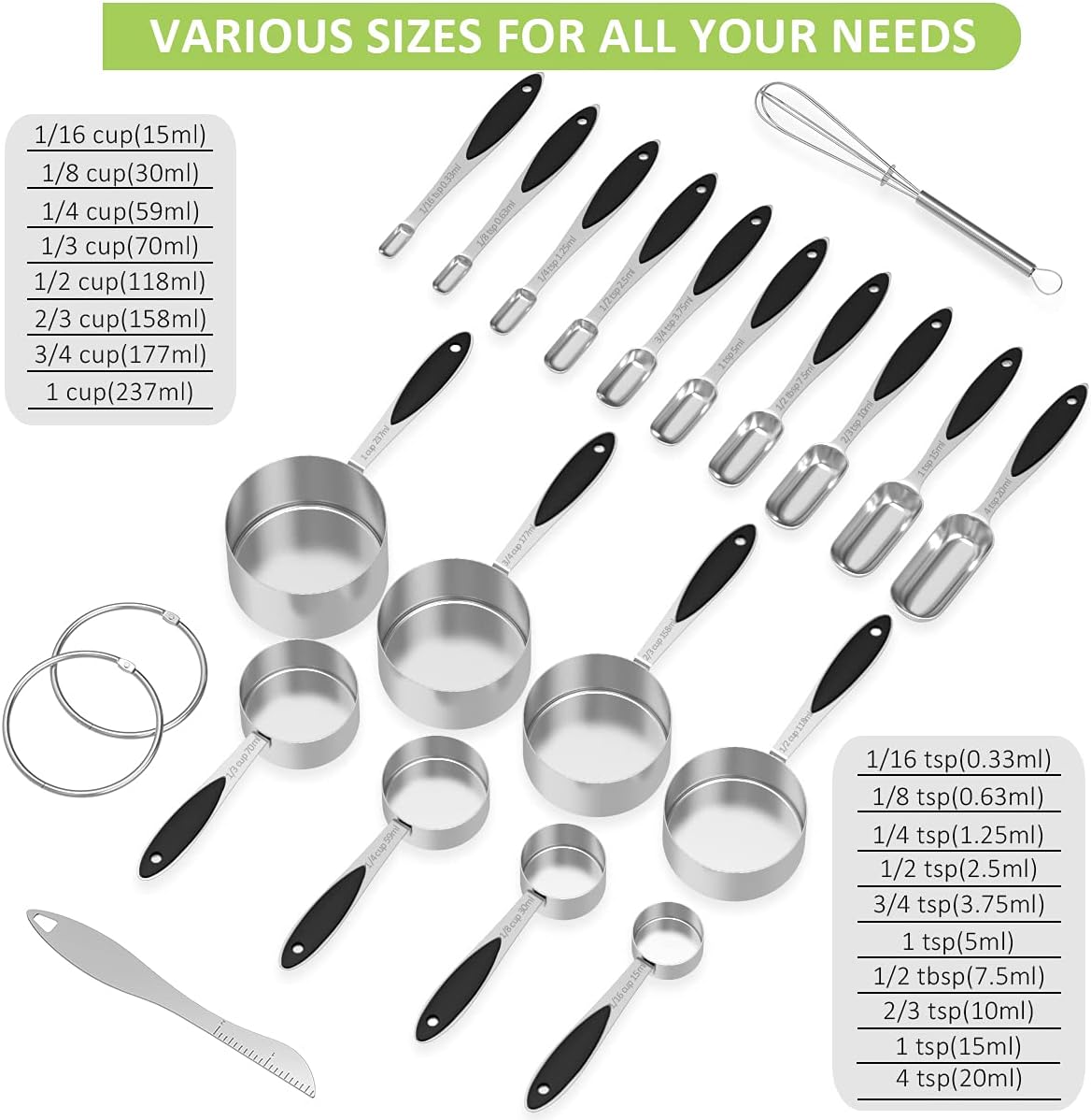 Measuring Cups and Spoons - Wildone Stainless Steel 20 Piece Stackable Set, Includes 8 Black Measuring Cups, 10 Measuring Spoons, 1 Leveler & 1 Whisk, for Dry and Liquid Ingredient