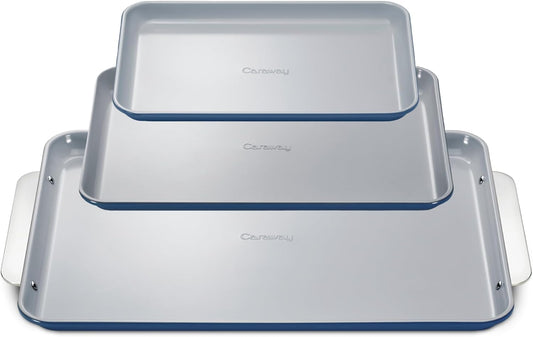 Caraway Non-Stick Ceramic Baking Sheet Trio - Naturally Slick Ceramic Coating - Non-Toxic, PTFE & PFOA Free - 18 x 13" Large, 15 x 10" Medium, & 9" x 13" Small - Navy