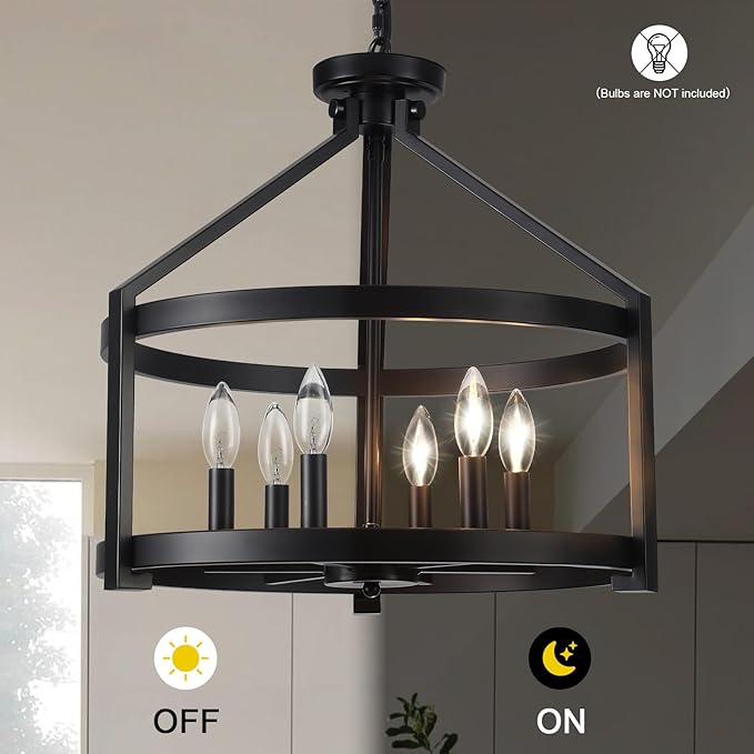 6-Light Black Farmhouse Chandelier for Dining Room,20" Modern Hanging Pendant Lighting for Kitchen Island,Rustic Semi Flush Mount Ceiling Light Fixture Drum Chandeliers for Foyer Kitchen Entryway