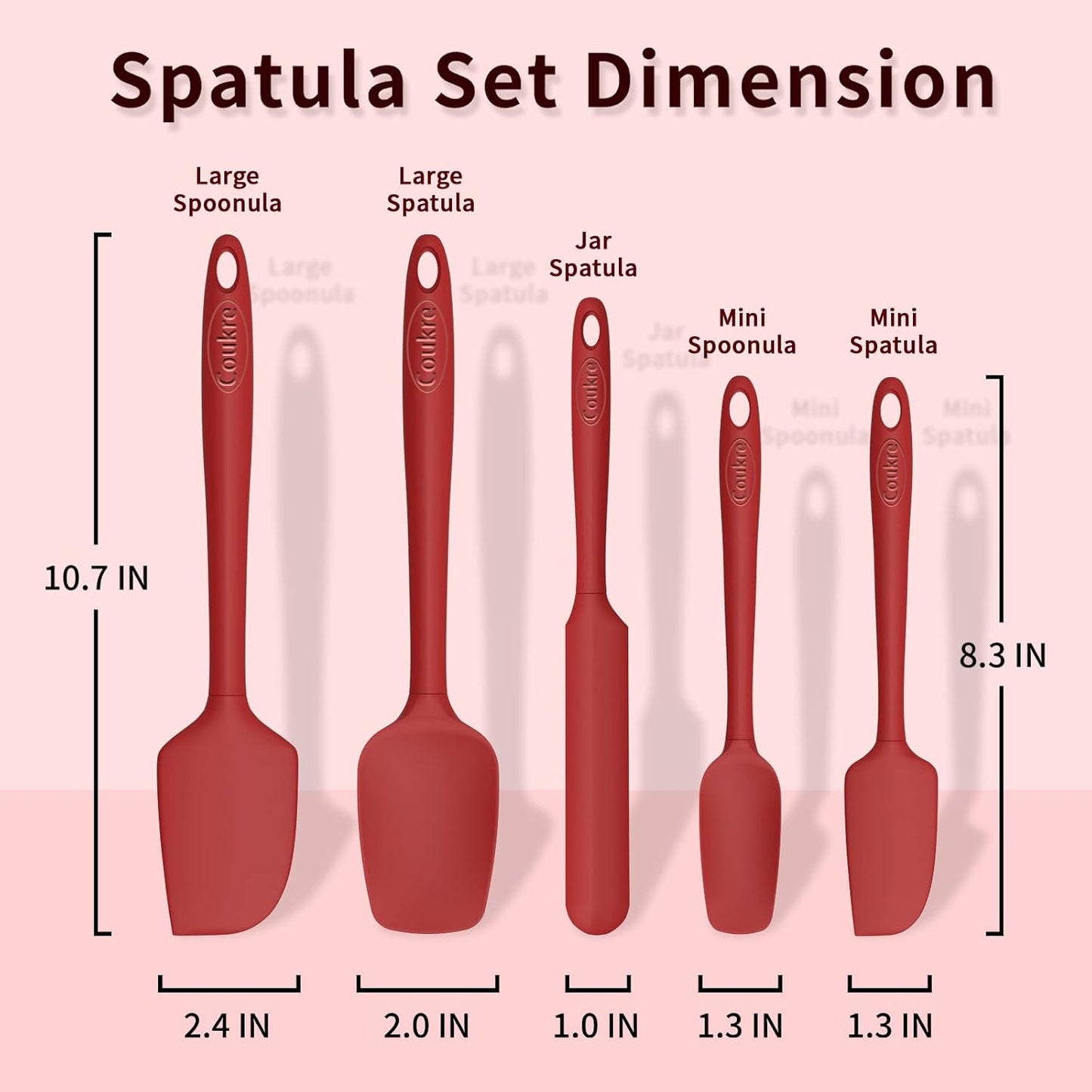 Coukre Silicone Spatula Set of 5,High Temperature Resistant, Food Grade Silicone, Dishwasher Safe, for Baking, Cooking (Pure Red)