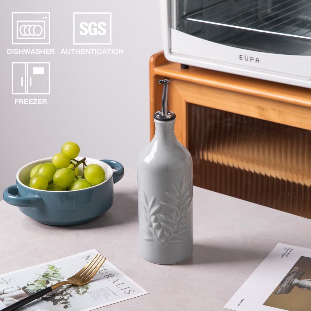 Sweejar Ceramic Olive Oil Dispenser Bottle, 20 Oz Relief Opaque Oil Cruet Protects Oil To Reduce Oxidation, Suitable for Storage Oil, Vinegar, Soy Sauce, Coffee Syrup, Liquids, Set of 1 (Gray)