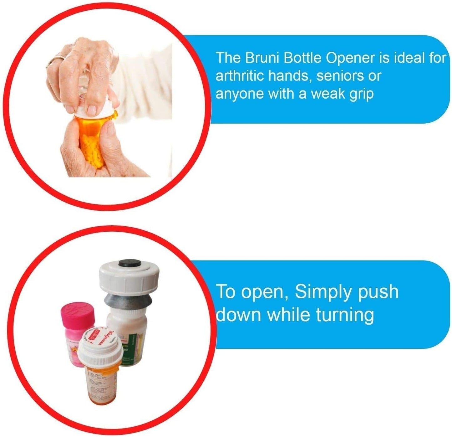 Bruni Multifunction Bottle Opener – Medicine Safety Cap Can Bottle Opener Easy to Use for Children, Weak Hands, Elderly and Arthritis Sufferers (White)