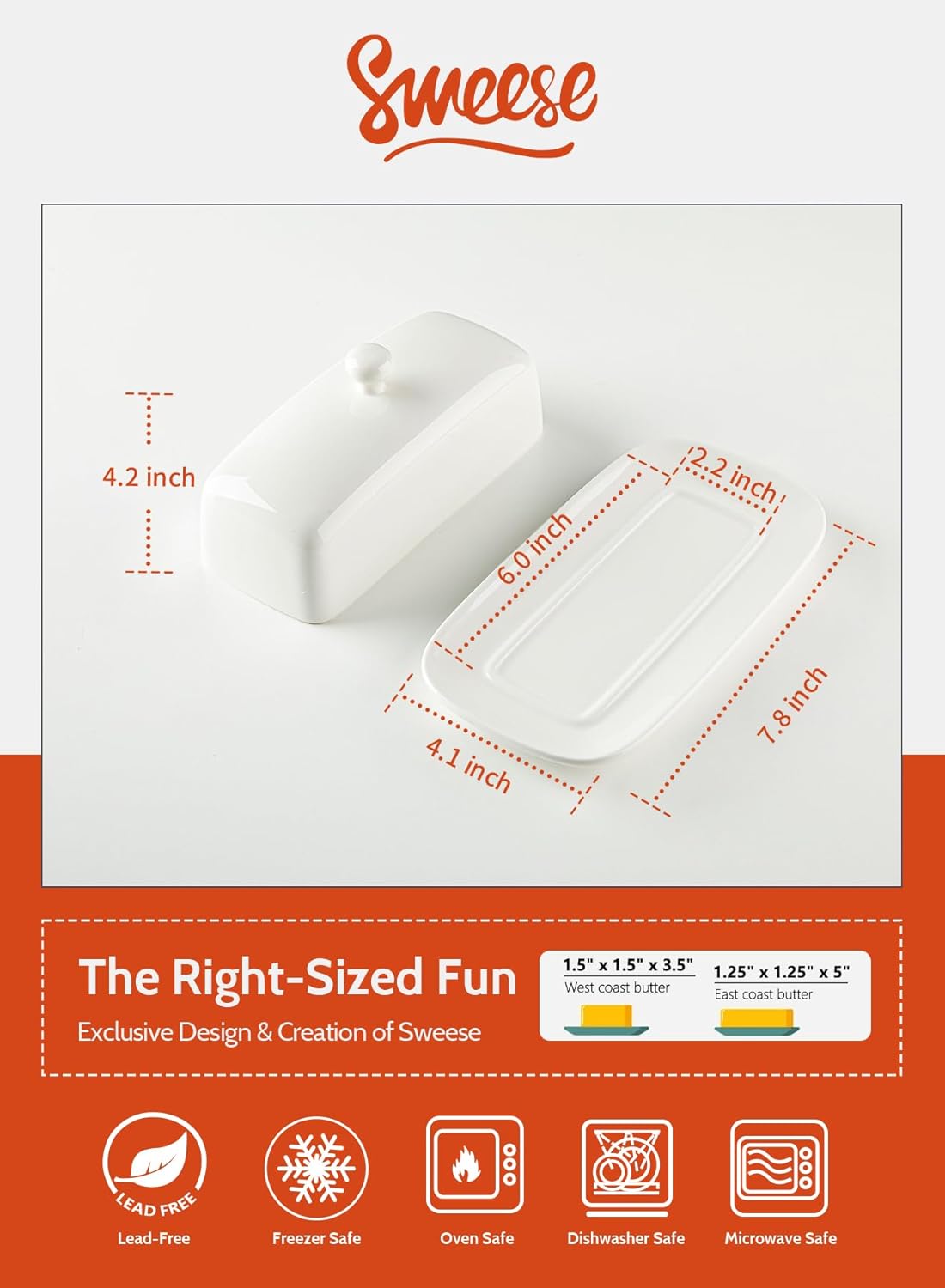 Sweese Butter Dish with Lid, Porcelain Butter Keeper, 7.8 Inch Butter Holder with Handle Cover, Butter Container Perfect for East West Coast Butter, White