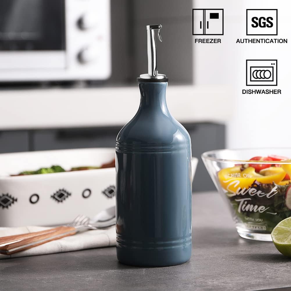 Sweejar Ceramic Olive Oil Dispenser Bottle, Opaque Oil Cruet Protects Oil to Reduce Oxidation, Suitable for Storage Oil, Vinegar, Coffee Syrups & Other Liquids, Pack of 1, 15.5 Fl Oz (Fog Blue)